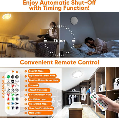 Rechargeable Motion Sensor Ceiling Light, Battery Closet Light 12 RGB Color | Wireless Battery Powered LED Shower Light, Magnetic Cordless Ceiling Light with Remote, Overhead Lamp for Pantry Shed, 2-Pack