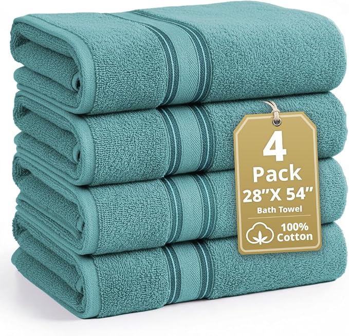 LANE LINEN Bath Towel Set Absorbent Quick Dry 100% Cotton 4 Piece - Teal | Set Of Towels - OEKO-TEX Certified, Zero-Twist Durability, Zero-Twist Cotton, Terry Weave Comfort, Long-Lasting Comfort