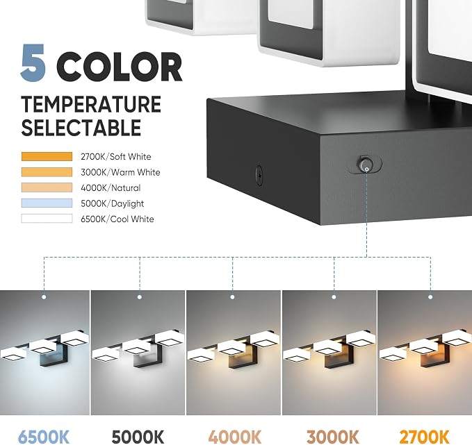 LED Modern Bathroom Light Fixtures Over Mirror, 3-Light Dimmable Vanity Lights, Matte Black Acrylic Bathroom Vanity Light, 2700K-6500K Adjustable, ETL Certificated