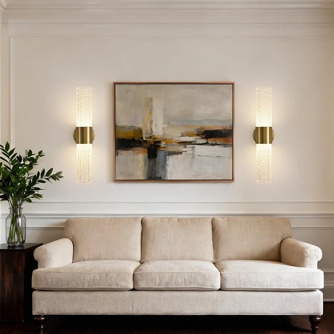 Gold Wall Sconces Set of 2, LED Dimmable Modern Crystal Wall Sconces Set of Two, Gold Wall Light, for Bedroom, Living Room, Dining Room, Dimmable LED 0-32W with Light Source,Hardwiring