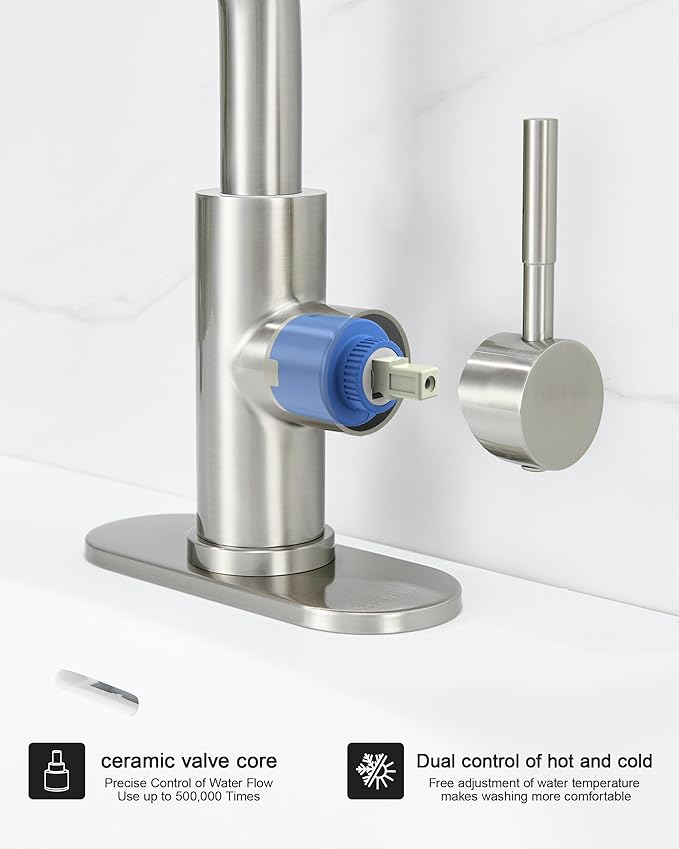 Ultimate Unicorn Brushed Nickel Single Handle Modern Bathroom Faucet with Pull Out Sprayer, 15.5" Retractable Hose, 360 Swivel Spout, Pop Up Drain, Stainless Steel, 1 Hole Installation