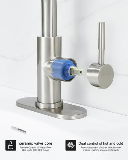 Ultimate Unicorn Brushed Nickel Single Handle Modern Bathroom Faucet with Pull Out Sprayer, 15.5" Retractable Hose, 360 Swivel Spout, Pop Up Drain, Stainless Steel, 1 Hole Installation