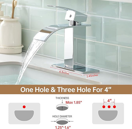 FRANSITON Black Waterfall Bathroom Faucet Lavatory Single Handle 1 or 3 Hole Bathroom Sink Faucet Washbasin Faucet with Deck and Pop-up Drain (Chrome, Short)