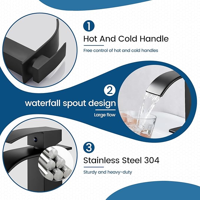 Airuida Matte Black Waterfall Bathroom Faucet, Single Handle Single Hole Bathroom Sink Faucet Deck Mount Mixer Tap with Deck Plate, Rv Lavatory Vanity Washbasin Faucet