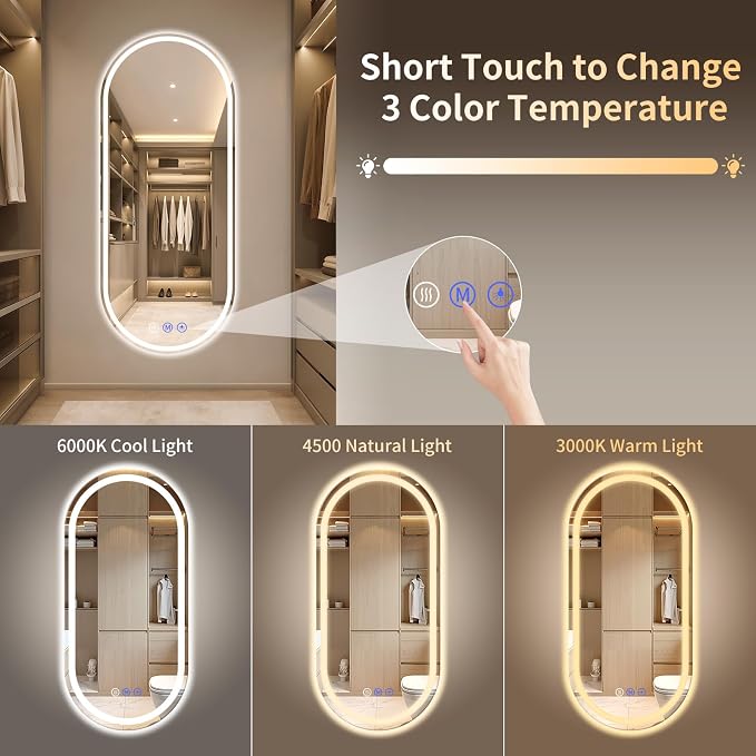 Oval LED Bathroom Mirror, 20"x 48" Frameless Lighted Mirror | LED Mirror with Front Light & Backlit, Anti-Fog, Dimmable Wall Mounted Lighted Mirror, Pill-Shaped Smart Bathroom Mirror