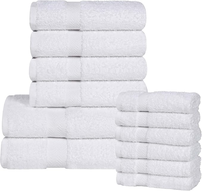 Superior 12-Piece Cotton Assorted Towel Set, Includes 6 Face Towel, 4 Hand, and 2 Bath Towels, Home, Bathroom, Guest Bath Essentials, Quick Dry, Absorbent, Franklin Collection - White