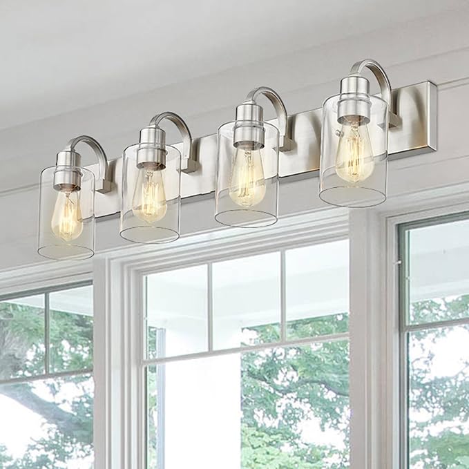 Emliviar 4-Light Vanity Light Fixture - Modern Bathroom Lighting Fixture, Brushed Nickel Finish with Clear Glass, YCE237B-4W BN