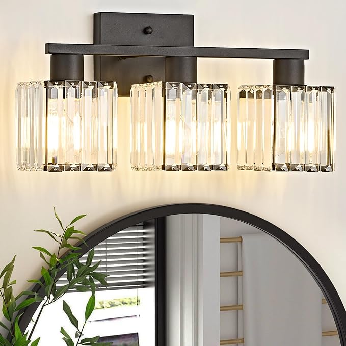 Bathroom Light Fixtures, Modern Black Crystal Wall Light for Bathroom, 18 inch Lighting Fixtures Over Mirror, 3-Light