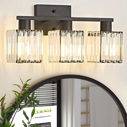 Bathroom Light Fixtures, Modern Black Crystal Wall Light for Bathroom, 18 inch Lighting Fixtures Over Mirror, 3-Light