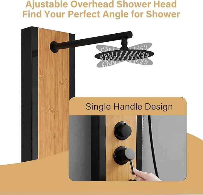 Shower Panel Tower System with Rainfall Shower Head, Wooden-style 304 Stainless Steel Shower Panels with 8 Body Massage Jets,Handheld for Home Hotel Bathroom Lavatory