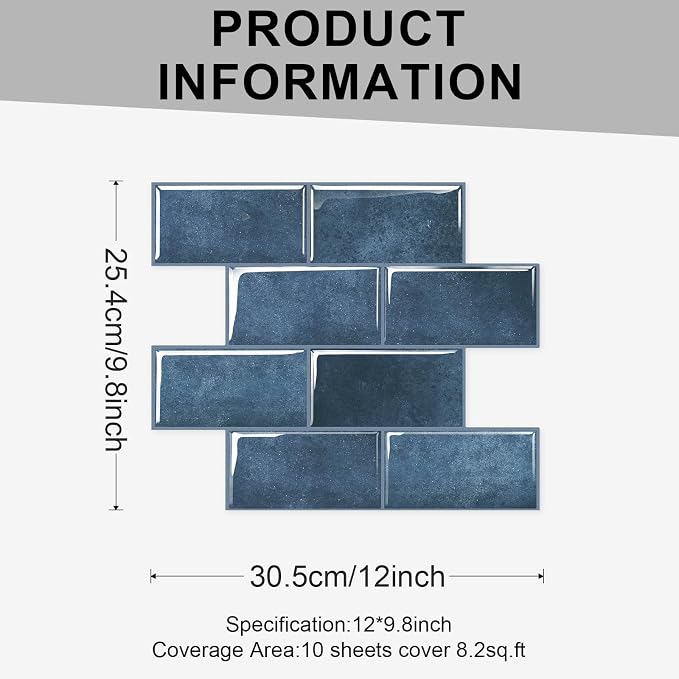 10 Sheets Thicker Peel and Stick Backsplash, Peel and Stick Tiles, Marble Look Wall Tiles Backsplash for Kitchen and Bathroom, Livingroom, 12"x9.8", Blue