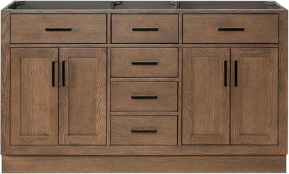 ARIEL Hepburn 60-inch Bathroom Vanity Base Cabinet,Solid Wood, 4 Soft Closing Doors, 6 Dovetail Drawers, Brown Oak