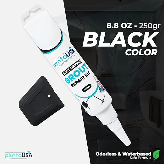 PentaUSA Premixed Tile Grout Repair Kit - Black (8.8oz / 250g) | Acrylic Sanded for Bathroom, Shower, and Kitchen Tile Repair, Water-Resistant Tube with Applicator, Fills Cracks and Gaps,
