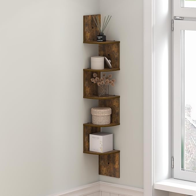 Furinno Rossi Floating Book Shelves for Wall, 5-Tier Zigzag Corner Shelf Wall Mounted, Radial Corner Floating Shelf, for Living Room, Bedroom, Bathroom, Home Office, Amber Pine
