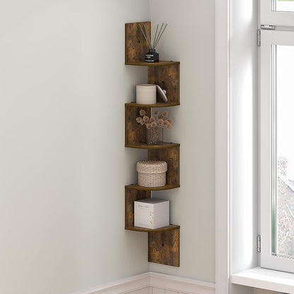 Furinno Rossi Floating Book Shelves for Wall, 5-Tier Zigzag Corner Shelf Wall Mounted, Radial Corner Floating Shelf, for Living Room, Bedroom, Bathroom, Home Office, Amber Pine