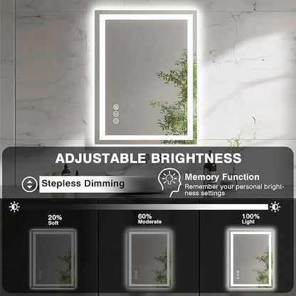 EchosLife 20"x28" LED Bathroom Mirrors for Wall | Backlit + Front Lit, Anti-Fog, Stepless Dimmable, 3 Colors, Memory, Tempered Glass, UL Listed, Horizontal/Vertical