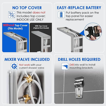 ROVOGO Shower Panel Tower System with Led Lights, Rainfall Waterfall Shower Head, 2 Big Body Jets, Handheld and Tub Spout, Stainless Steel Shower Column Brushed