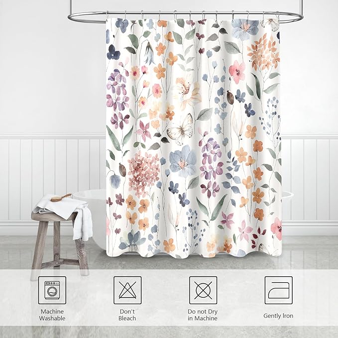 Cute Floral Shower Curtain, Colorful Flower Fabric Shower Curtains for Bathroom, Botanical Leaf Wildflower Bath Curtain Boho Vintage Rustic Trendy Cloth Shower Curtain Set, Ivory, 72x72