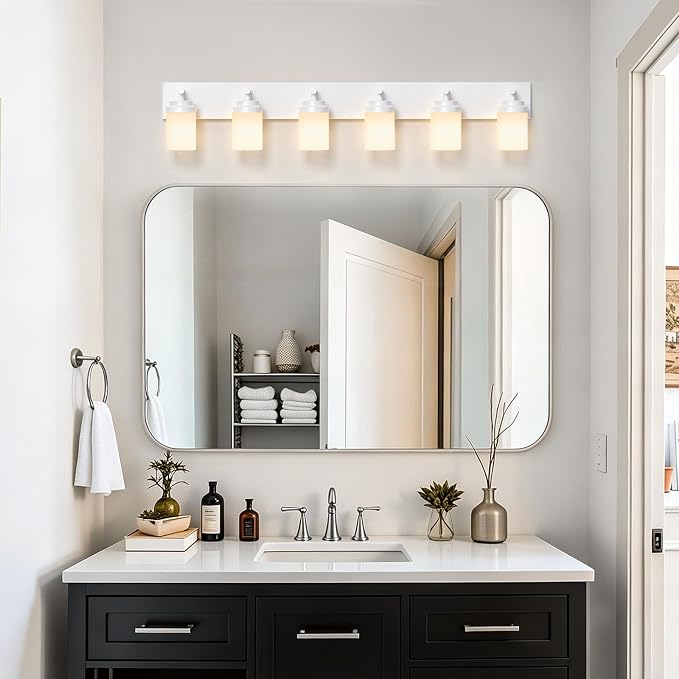 IZORRO Bathroom Vanity Light Fixture, 6-Light 46 Inch White Bathroom Light Fixtures Over Mirror, with White Glass Shade, Modern Farmhouse Vanity Lights, Rustic Restroom Lighting Fixtures
