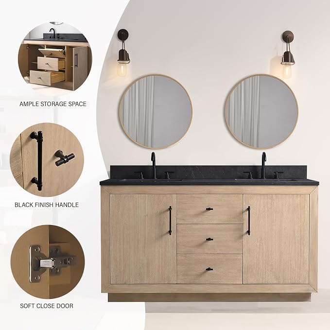 60 Inch Bathroom Vanity with Double Sink & Black Ceramic Top, MDF Material Vanity Cabinet with Basin Combo, Soft-Closing Doors, Removable Shelf, Backsplash