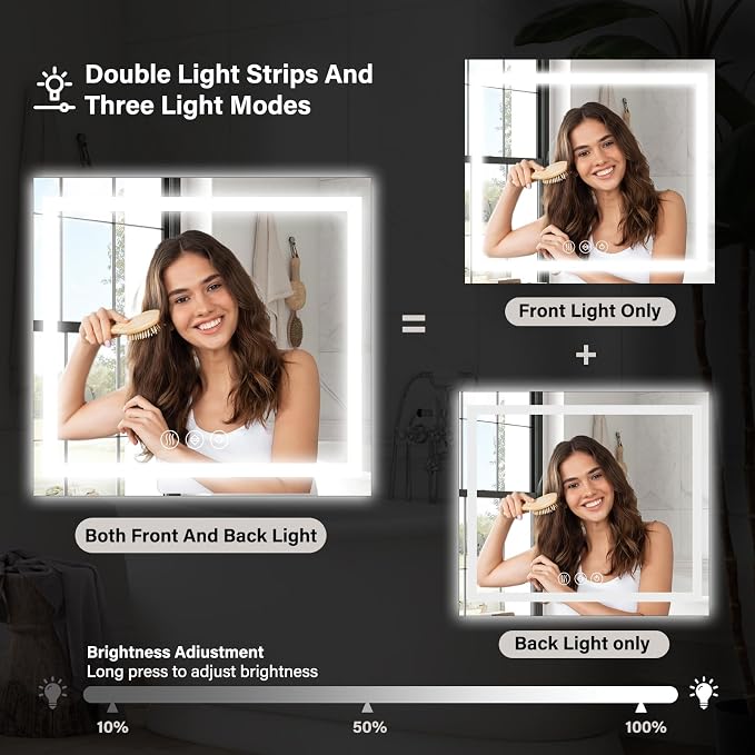 XRAMFY 36"X36"LED Bathroom Mirror, Backlit + Front Lit Wall Mirror | LED Bathroom Mirror with Lights for Wall, 3 Colors, Anti-Fog, Dimmable Brightness, Tempered Glass