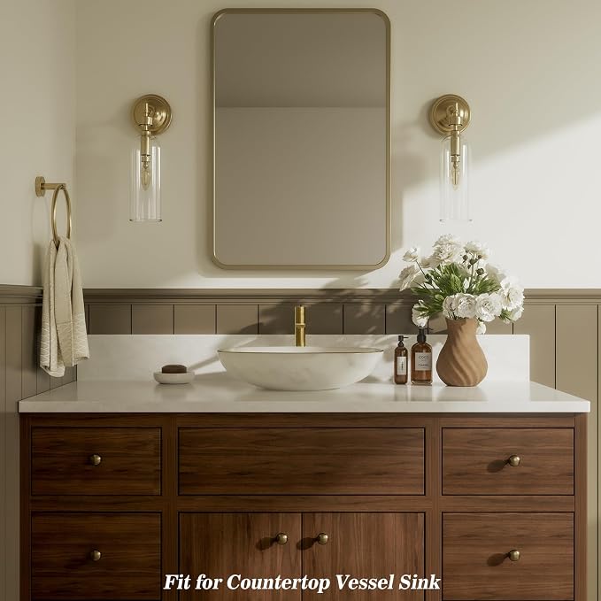 1 Hole Tall Bathroom Vessel Sink Faucet, Brushed Gold Single Hole Single Handle Vanity Faucet, with Pop Up Drain and Water Supply Line, FH02-BG-V