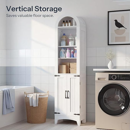 HOOBRO 67" Tall Narrow Bathroom Storage Cabinet, Arched Freestanding Floor Cabinet with 3 Adjustable Shelves and 2 Doors for Small Space, Space Saving Organizer for Bathroom, Living Room, White