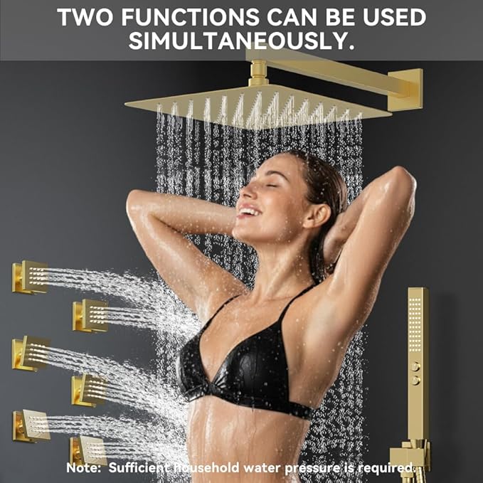Brushed Gold Shower System with Body Jets, STARBATH 12 Inch Rainfall Shower System and 2 in 1 Handheld Spray Shower Jets System in Wall, Complete Wall Mounted 3 Way Shower Faucet Set with Valve Kit