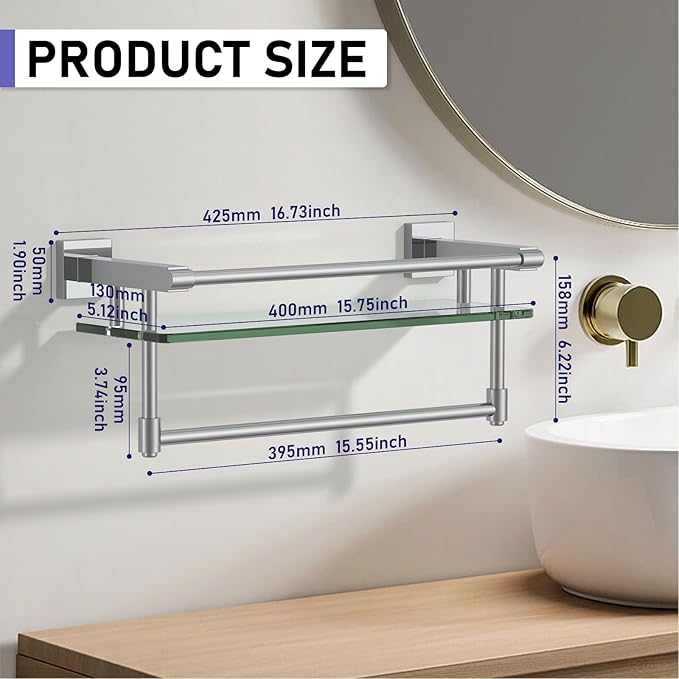 Glass Shelf for Bathroom 16 in Bathroom Shelves with Towel Bar Tempered Glass Shelves with Stainless Steel Towel Holder for Wall (Chrome Polished)