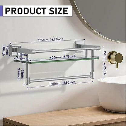 Glass Shelf for Bathroom 16 in Bathroom Shelves with Towel Bar Tempered Glass Shelves with Stainless Steel Towel Holder for Wall (Chrome Polished)