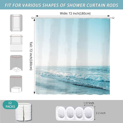 Ocean Beach Coastal Seaside Shower Curtain for Bathroom 72W*72H Inch Nautical Summer Seacoast Beachy Waves Bathtub Decor Seascape Neutral Waterproof Polyester Fabric Set with 12 Hooks