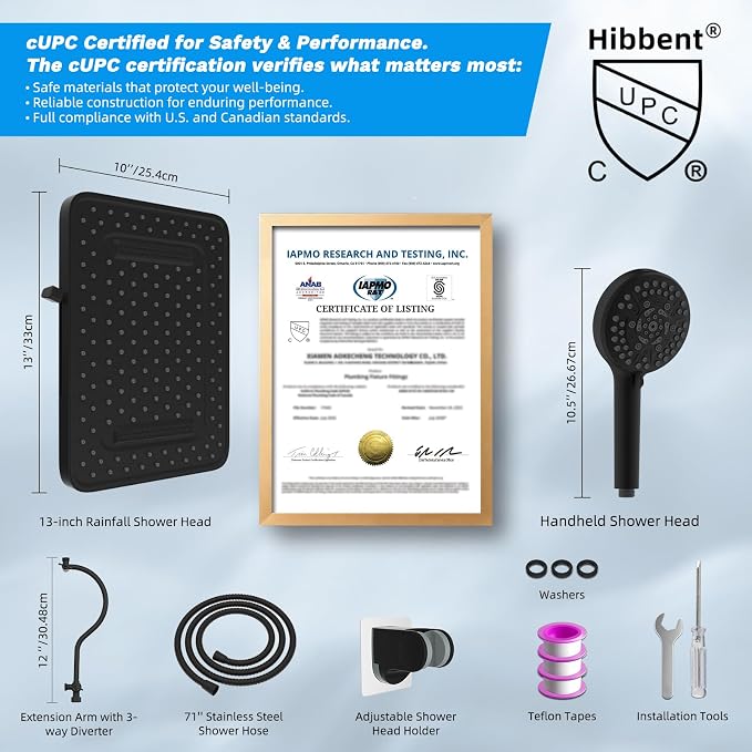 Hibbent 13'' 5-spray Rain Shower Head with 10-Spray Handheld, Matte Black | cUPC Certified High Pressure Dual Showerhead Combo, Upgraded Rainfall Shower Head, 12'' Extension Arm, 71'' Hose & Holder