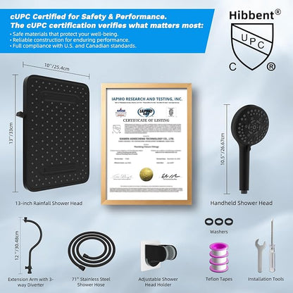 Hibbent 13'' 5-spray Rain Shower Head with 10-Spray Handheld, Matte Black | cUPC Certified High Pressure Dual Showerhead Combo, Upgraded Rainfall Shower Head, 12'' Extension Arm, 71'' Hose & Holder