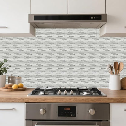 36 Pcs Tile Stickers White-Gray Texture Peel and Stick Long Strip Wall Tile Stickers Waterproof Self Adhesive Stick on Tiles Decals for Kitchen Bathroom Wall Art Decor, 4×4 Inch