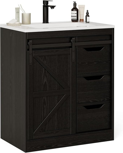 SUNTAGE Bathroom Vanity with Sink, Freestanding Farmhouse Bathroom Storage Cabinet with 3 Drawers & Sliding Door, White Resin Basin Vanity Combo Set (Wood Grain Black, 30")