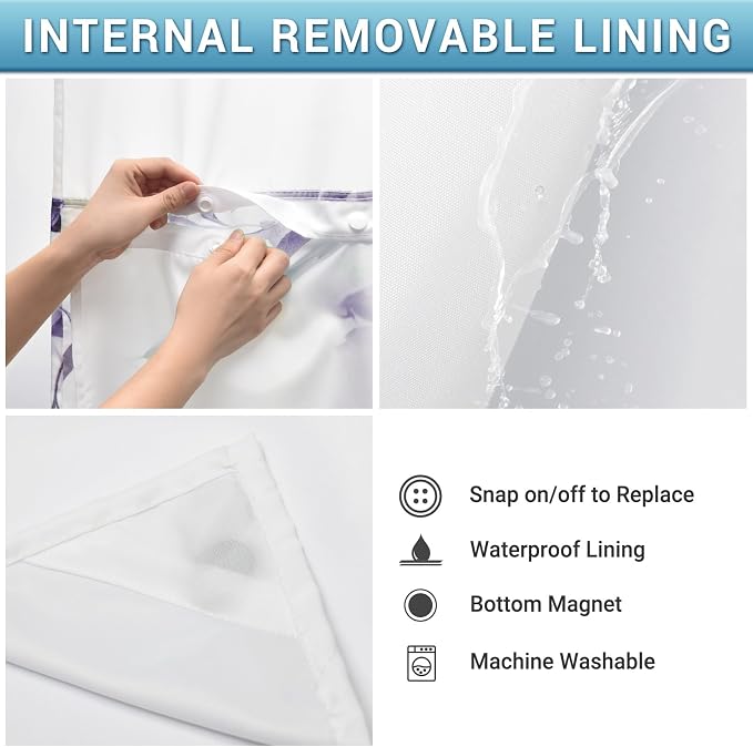 No Hook Floral Shower Curtain with Liner, Eucalyptus Purple, 71x74 | Snap in Liner, 3 in 1, Water Repellent, Easy Install, Machine Washable, Hotel Style for Bathroom, Watercolor Pattern