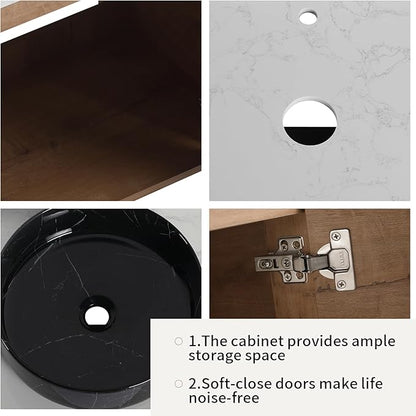 LKTART 24 Inch Floating Bathroom Vanity with Sink, Modern Wall Mounted Bathroom with Soft Close Door, Black Stone Round Ceramic Basin and Sintered Stone Top