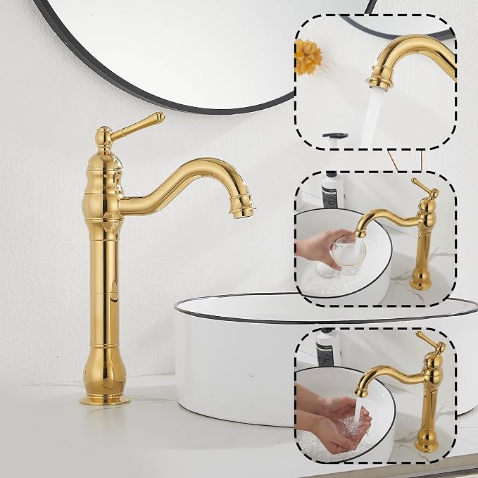 Single Handle Bathroom Vessel Sink Faucet, Polished Gold | 360° Swivel, Single-Handle One Hole, Matching Pop Up Drain, Farmhouse Style