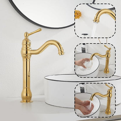 Single Handle Bathroom Vessel Sink Faucet, Polished Gold | 360° Swivel, Single-Handle One Hole, Matching Pop Up Drain, Farmhouse Style