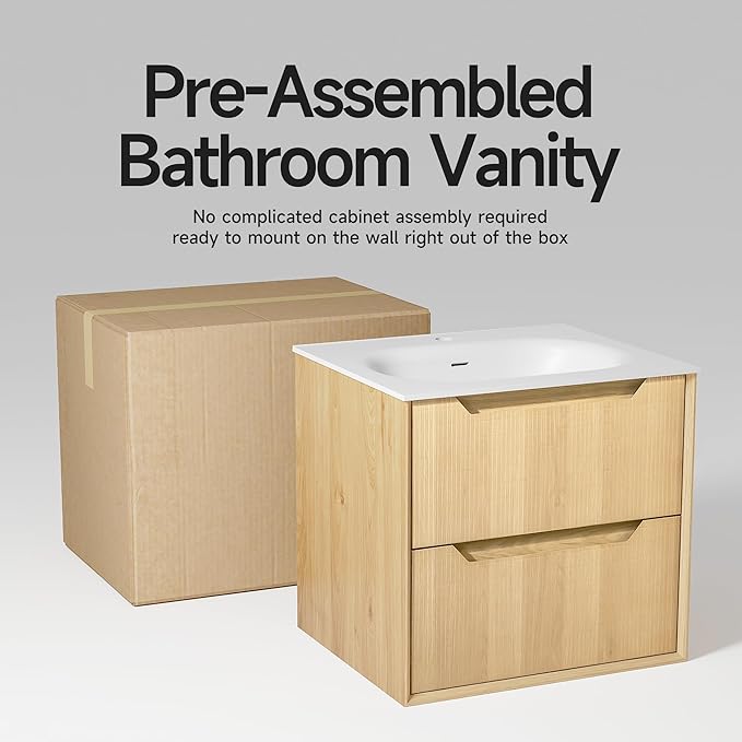 40" Japandi Floating Bathroom Vanity with Sink, Pre-Assembled Natural Oak Multi-Layer Solid Wood Bathroom Sink Vanity, Wall Mounted with Integrated Stone Top and 2 Soft Close Drawers