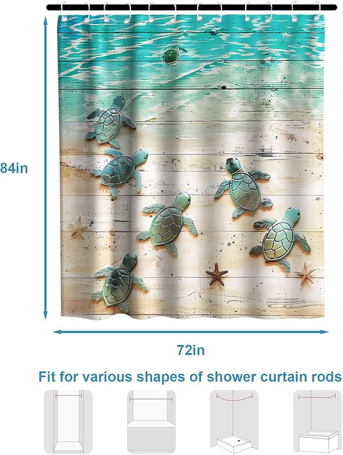 Green Beach Sea Turtle Shower Curtain Nautical Teal Theme Fabric Bathroom Blue Ocean Decor with Grommets and Hooks 72 x 84 Inch Blue