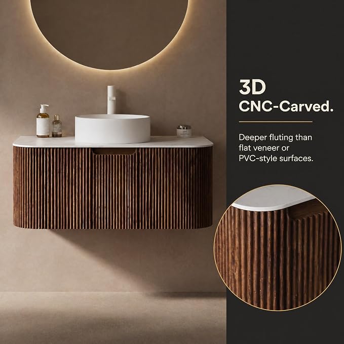 36 Inch Bathroom Vanity with Sink, Floating Wall Mounted Single Sink Vanity, Dark Walnut Curved Fluted Front, Stone Top, Pure White Round Vessel Basin, Pre-Assembled