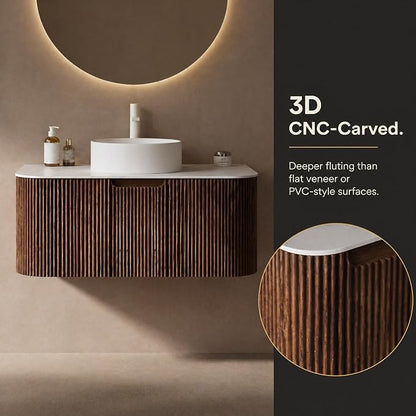 36 Inch Bathroom Vanity with Sink, Floating Wall Mounted Single Sink Vanity, Dark Walnut Curved Fluted Front, Stone Top, Pure White Round Vessel Basin, Pre-Assembled