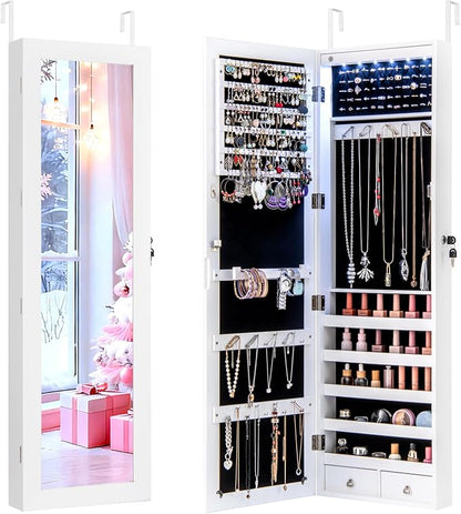 NAFORT 15 LEDs Full Length Mirror Jewelry Cabinet, Jewelry Armoire with Mirror 5 Shelves and 2 Drawers, Door/Wall Mounted Jewelry Mirror with Storage, Over the Door Jewelry Organizer
