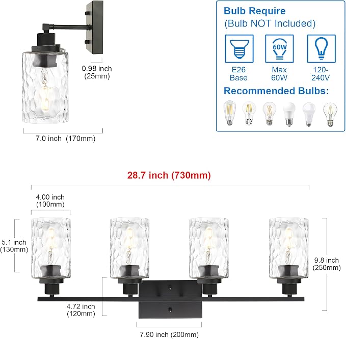 MELUCEE 4-Light Black Bathroom Vanity Light with Clear Hammered Glass | Wall Light Fixture Modern Wall Sconces Lamp for Powder Room Bedroom Kitchen Porch (Patent No.: US D963914 S)