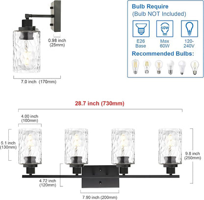 MELUCEE 4-Light Black Bathroom Vanity Light with Clear Hammered Glass | Wall Light Fixture Modern Wall Sconces Lamp for Powder Room Bedroom Kitchen Porch (Patent No.: US D963914 S)
