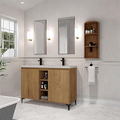 Freestanding Bathroom Vanity, 48" Bathroom Storage Cabinet with Double Resin Sinks, 2 Soft-Close Doors & 3 Open Storage Shelves, Floor Vanity with Extra Three-Layer Spacious Shelves, Oak