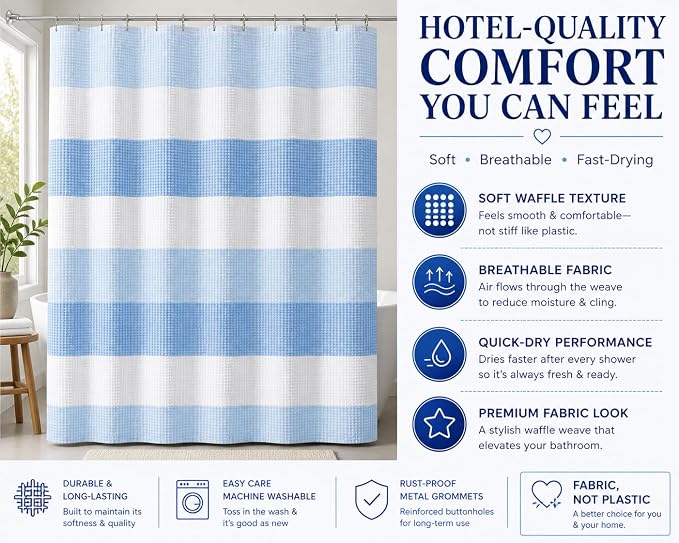Dainty Home Ombre Waffle Weave Shower Curtain 70 x 72 Blue Textured Fabric Shower Curtain, Hotel Style Waffle Weave Bathroom Curtain, Water Resistant Polyester Ombre Shower Curtain