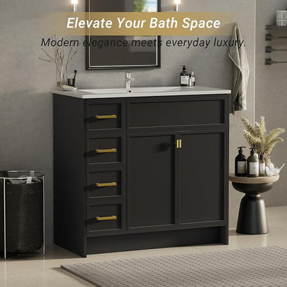 36 Inch Freestanding Bathroom Vanity with Sink, Shaker Style Black Cabinet with 4 Drawers & Double Doors, Waterproof Lacquer Finish, Multi-Drawer Storage for Master Bathroom