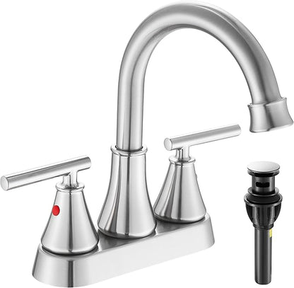 Bathroom Sink Faucet 4 Inch 2 Handle Centerset Brushed Nickel Lead-Free Modern Bathroom Faucet Vanity Faucet with Pop-up Drain Stopper and Supply Hoses